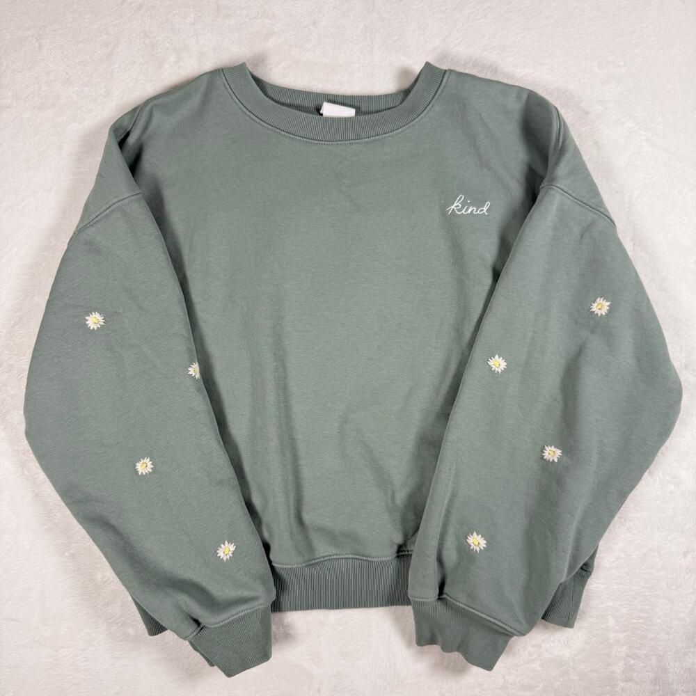 Gap Kids "Kind" Green Sweatshirt with Embroidered White Flowers Kids XL